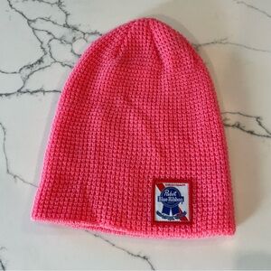 Space Craft, Pink Knitted Beanie “Pabst Blue Ribbon” logo